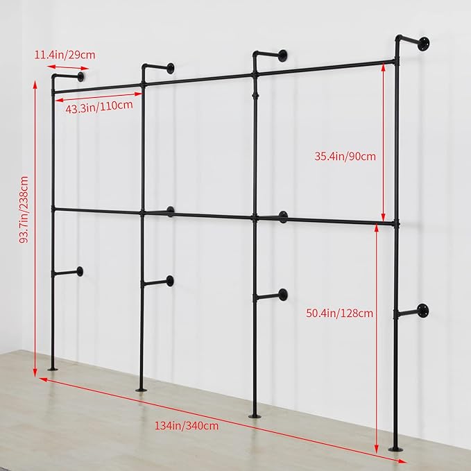 Modern Simple Industrial Pipe Clothing Rack, Display Stand Wall Mounted Clothes Garment Rack Heavy Duty Hanging Clothes Rods Bar for Closet Storage, 134in Black