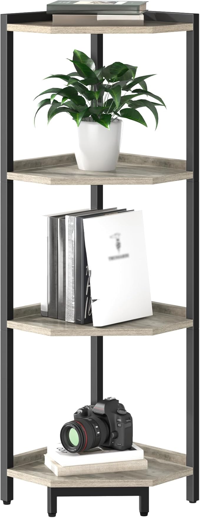Corner Shelf Stand, Corner Bookshelf, Storage Standing Shelf Unit with Metal Frame, Plant Stand, Corner Bookcase for Living Room, Home Office, Bedroom, 4-Tier Greige CS05805B