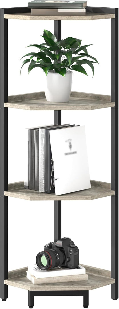 Corner Shelf Stand, Corner Bookshelf, Storage Standing Shelf Unit with Metal Frame, Plant Stand, Corner Bookcase for Living Room, Home Office, Bedroom, 4-Tier Greige CS05805B