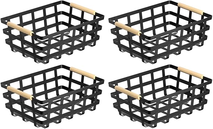 Wire Metal Baskets Metal Wire Food Storage Basket Organizer Farmhouse Baskets Bin Metal Wire Food Storage Basket Organizer with Wood Handles for Pantry Cabinets