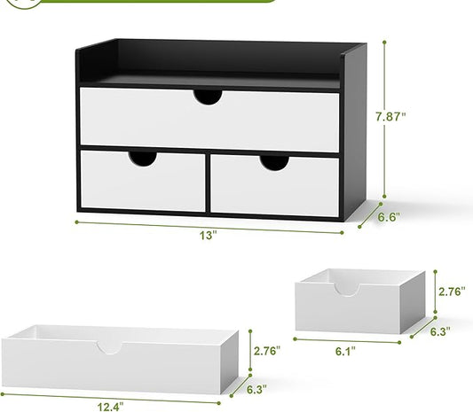 Wisuce Desk Organizer with Drawers - Bamboo Desktop Organizer Storage | Black-White Wood Desk Makeup Dresser Top Organizer for Cosmetics No Assembly Required