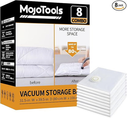 MoJoTools Vacuum Storage Bags - 8 Extra Large Jumbo storage Space Saver Bags (40x31 Inch) for Bedding,Comforters,Blankets,Clothing,Pillows,Jackets,Coats - Vacuum Seal Bags for Home Organization