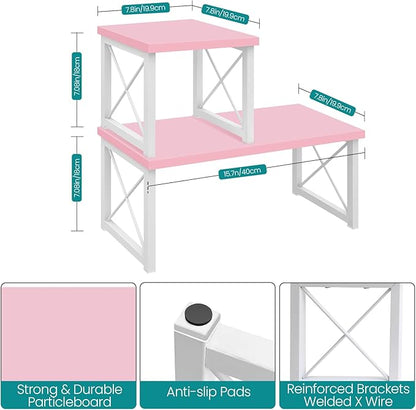ELITEROO Desktop Shelf, 2 Tier Independent Stackable Desk Stand, Adjustable Freestanding Table Top Mini Bookshelf, Aesthetic Storage Organizers for Women/Girls/Daughter, Pink
