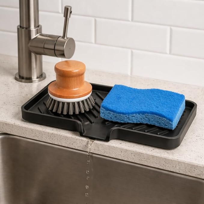 Happitasa Silicone Soap Dish Tray and Sponge Holder with Drain Chute and Feet | 3-Way Sloped Design | Bathroom and Kitchen Sink Organizer Caddy (Black, 10"x4")