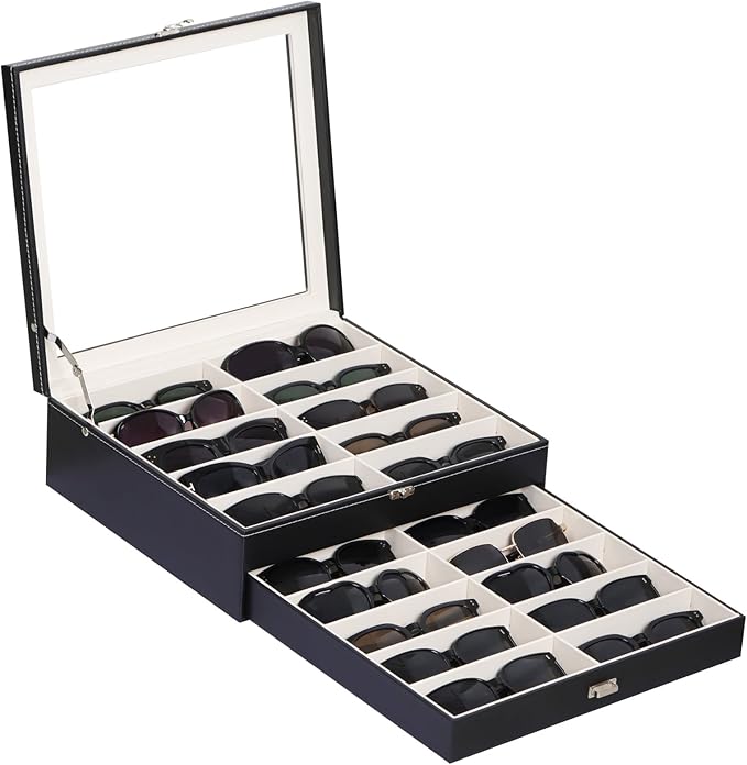 AUTOARK 2-Tier Lockable Glasses & Jewelry Organizer Case with Glass Top,20 Capacity PU Leather Display Box for Sunglasses,Watches,Rings,Ideal Gift for Home Office,Black,MKAW-301