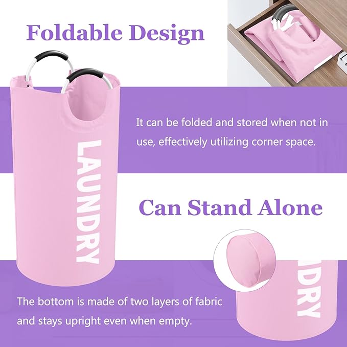 2Pcs Foldable Pink Laundry Basket for Family, 95L Portable Laundry Baskets with Aluminum Handles, Multi-functional Dirty Clothes Hampers for Dorm, Travel, Pink
