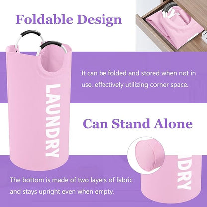 2Pcs Foldable Pink Laundry Basket for Family, 95L Portable Laundry Baskets with Aluminum Handles, Multi-functional Dirty Clothes Hampers for Dorm, Travel, Pink