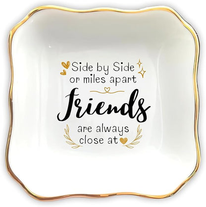 HatafaFurni gift for Friend - Side by Side or Miles Apart Friends Are Always Close at Heart - Birthday, Christmas, Wedding Gifts - Jewelry Dish, Ceramic Ring Dish, Trinket tray, Ring tray