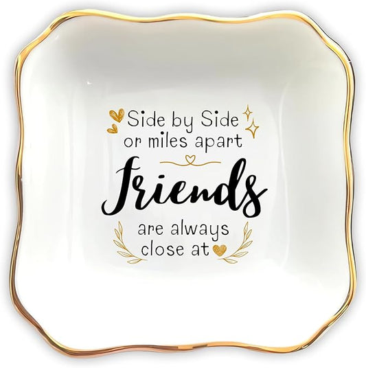 HatafaFurni gift for Friend - Side by Side or Miles Apart Friends Are Always Close at Heart - Birthday, Christmas, Wedding Gifts - Jewelry Dish, Ceramic Ring Dish, Trinket tray, Ring tray