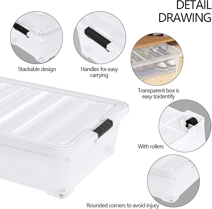Waikhomes 50 Quart Plastic Under Bed Storage Boxes, Clear Under Bed Storage Containers with Wheels, 3-Pack