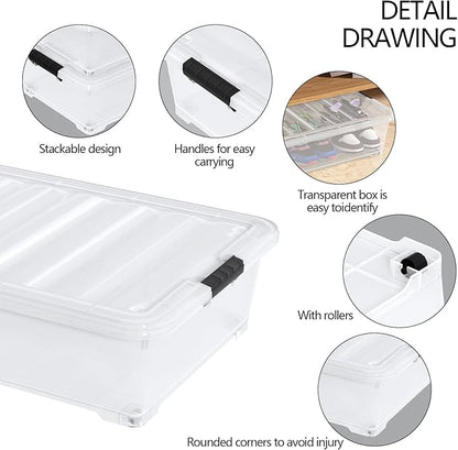 Waikhomes 50 Quart Plastic Under Bed Storage Boxes, Clear Under Bed Storage Containers with Wheels, 3-Pack