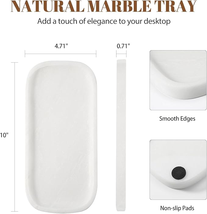 Koville Marble Tray, 10"x5" Marble Vanity Tray for Bathroom Countertop Kitchen Sink, Rectangular Stone Tray for Perfume Fragrance, Decorative Catchall Tray Jewelry Cosmetics Organizer(White)