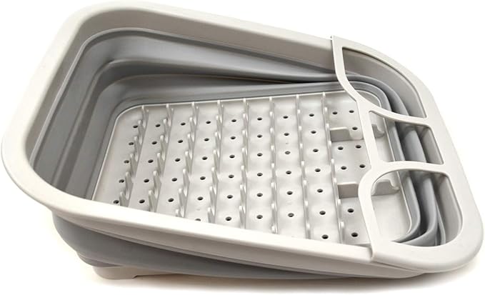 SAMMART Set of 2 Collapsible Dish Drainer with Drainer Board - Foldable Drying Rack Set - Portable Dinnerware Organizer - Space Saving Kitchen Storage Tray (2, Grey)