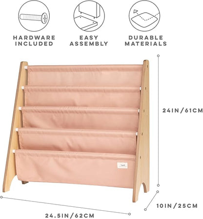 3 Sprouts Recycled Fabric Kids Bookshelf – 4-Tier Sling Book Rack Organizer - Nursery Room Playroom Classroom Wooden Book Shelves - Kid Bookcase Wood Storage Shelf for Toddler Age 3+ - Clay