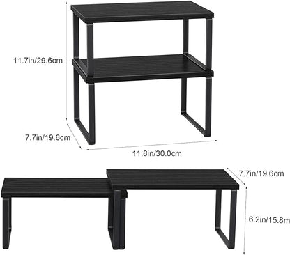 CADUKE Set of 4 Kitchen Counter Shelves Stackable Shelf Organizer Wood Countertop Shelves Expandable Cabinet Shelf Organizers Countertop Storage Rack for Pantry, Industrial Black