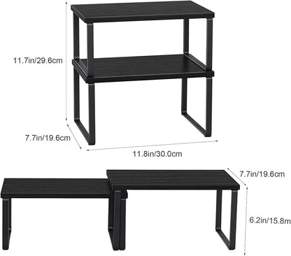 CADUKE Counter Shelf Organizer Set of 2 Kitchen Cabinet Shelves Expandable Countertop Shelves Organizer Wood Cabinet Shelf Black Stackable Storage Rack for Pantry