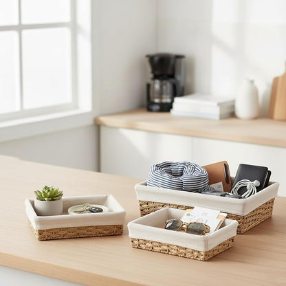 CT SUN Woven Storage Baskets for Shelves, 3-Piece Shallow Paper Rope Bins with 2 Sets of Liners (Cream & Daisy Print), Wicker Style Trays for Pantry, Bathroom, Kitchen Counter, Bread & Nursery