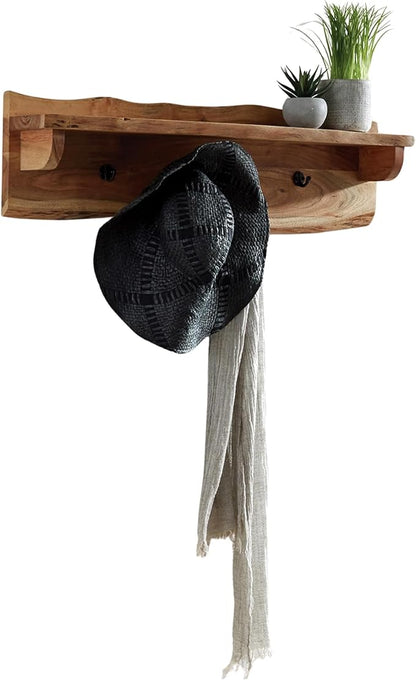 Alpine Natural Live Edge Wood Coat Hooks with Shelf – 36-Inch Wall-Mounted Home Storage Solution with Clear Finish and Unique Natural Wood Design by Alaterre Furniture