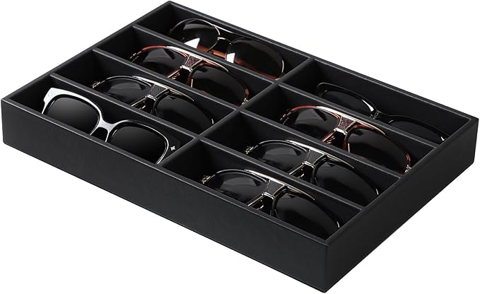 Cretkhp Sunglass Organizer Tray, PU Leather Sunglasses Organizer with 8 Grids for Drawer, Stackable Sunglass Holder Storage
