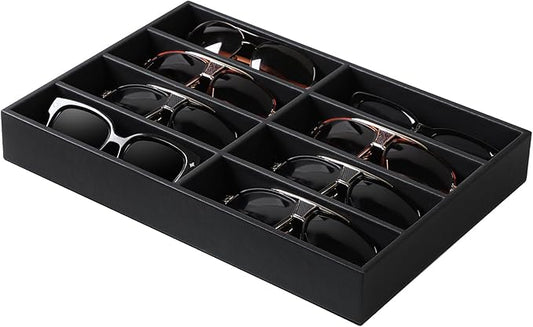 Cretkhp Sunglass Organizer Tray, PU Leather Sunglasses Organizer with 8 Grids for Drawer, Stackable Sunglass Holder Storage