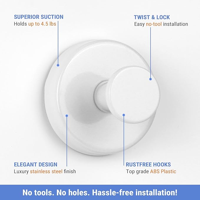 Season 2 Season Suction Cup Hooks for Shower, 4 Pcs Stainless Steel Wall Shower Hooks for Bathroom Kitchen, Glass, Mirror,White