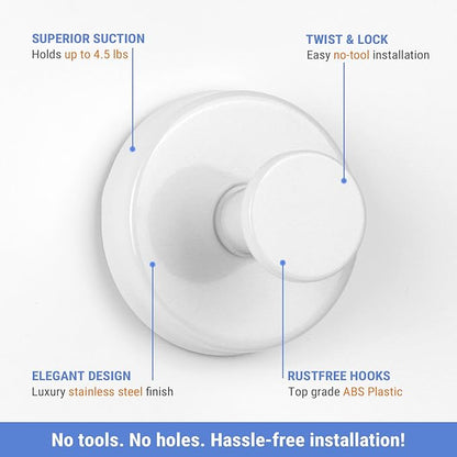 Season 2 Season Suction Cup Hooks for Shower, 4 Pcs Stainless Steel Wall Shower Hooks for Bathroom Kitchen, Glass, Mirror,White