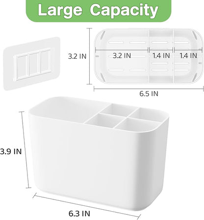 Toothbrush Holder for Bathroom Countertop and Wall with Adhesive, 5 Slots Family Size Electric Tooth Brush and Paste Holder, Kids Tooth Rush Holders and Toothpaste Organizer - White