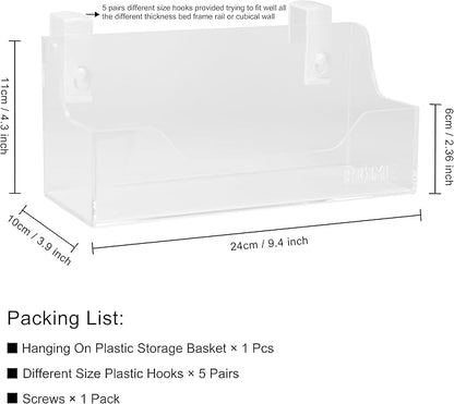 Bedside Caddy Hanging Storage Basket Little Size Plastic Beside Shelf Hang-on Storage Organizer for Collage Dorm Bunk Bed,Changing Table - Bedroom Essentials for Phone,Mini Speaker,Tissues (Clear)