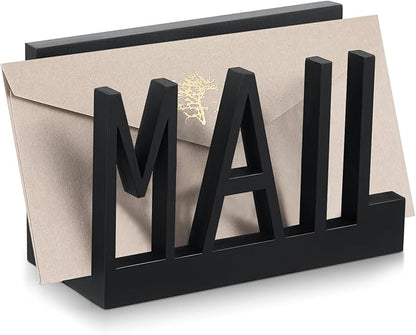 Mail Organizer Holder Organizer Countertop Modern Wooden Black Letter Holder with Cutout Lettering Design Outgoing Mail Holders for Office Desktop Envelope and Document Storage Rack
