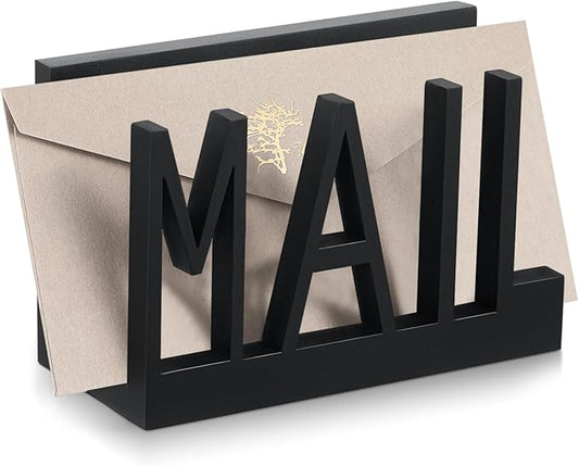 Mail Organizer Holder Organizer Countertop Modern Wooden Black Letter Holder with Cutout Lettering Design Outgoing Mail Holders for Office Desktop Envelope and Document Storage Rack