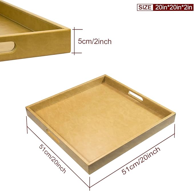20 * 20 inches Leather Square Serving Tray with Hole Handles,High-End Light Large Service Tray for Ottoman Tray, Tea, Food, Butler - Countertop, Kitchen,Family Dinner, Picnic (Brown)