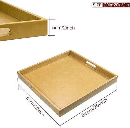 20 * 20 inches Leather Square Serving Tray with Hole Handles,High-End Light Large Service Tray for Ottoman Tray, Tea, Food, Butler - Countertop, Kitchen,Family Dinner, Picnic (Brown)