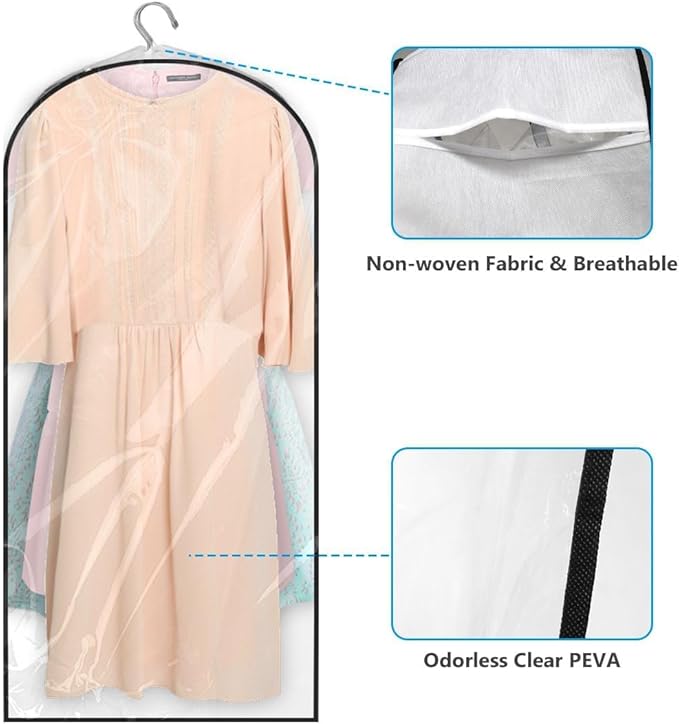 60" Clear Clothes Hangers with Smooth Side Zipper, 10" Gusseted Waterproof Garment Bags for Shirts, Coats, Dresses, Suits, 4 Pack
