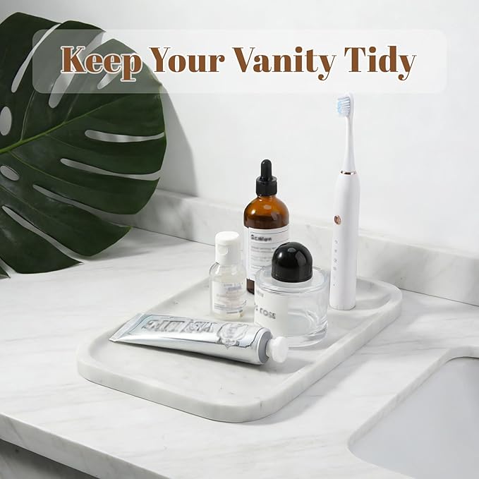 Koville Marble Tray, 12"x8" Marble Vanity Tray for Countertop Bathroom Kitchen Dresser, Decorative Catchall Trays for Perfume Jewelry, Rectangular Stone Serving Tray(Bianco Carrara)