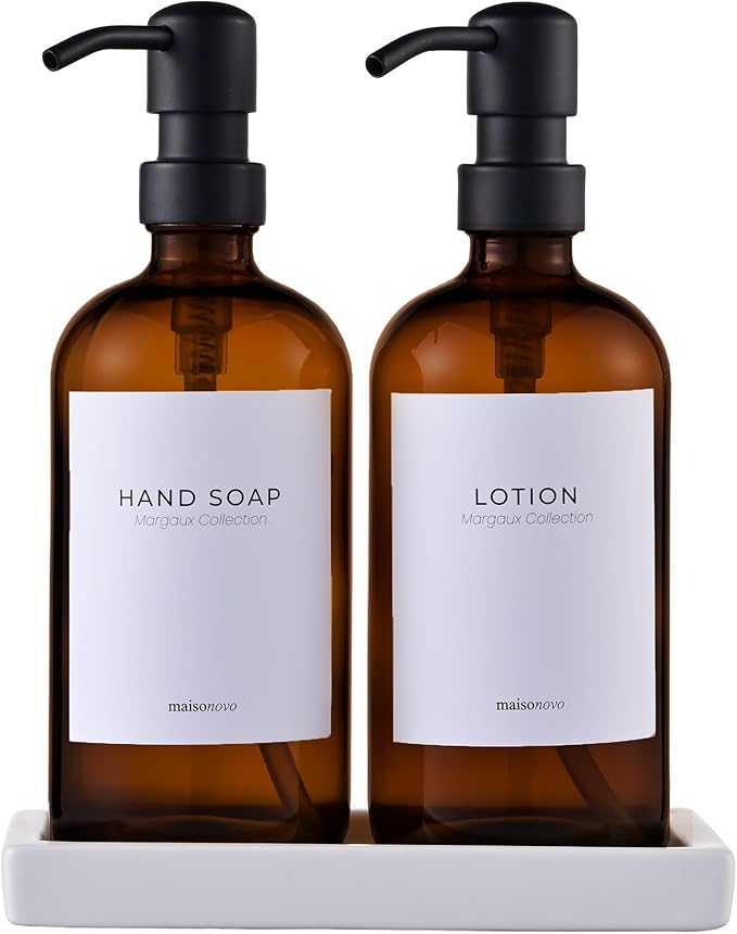 MaisoNovo Soap Dispenser 3-Piece Set | 16.9oz Amber Bottles Black Plastic Pumps with Ceramic Tray