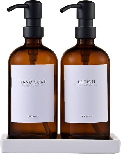 MaisoNovo Soap Dispenser 3-Piece Set | 16.9oz Amber Bottles Black Plastic Pumps with Ceramic Tray