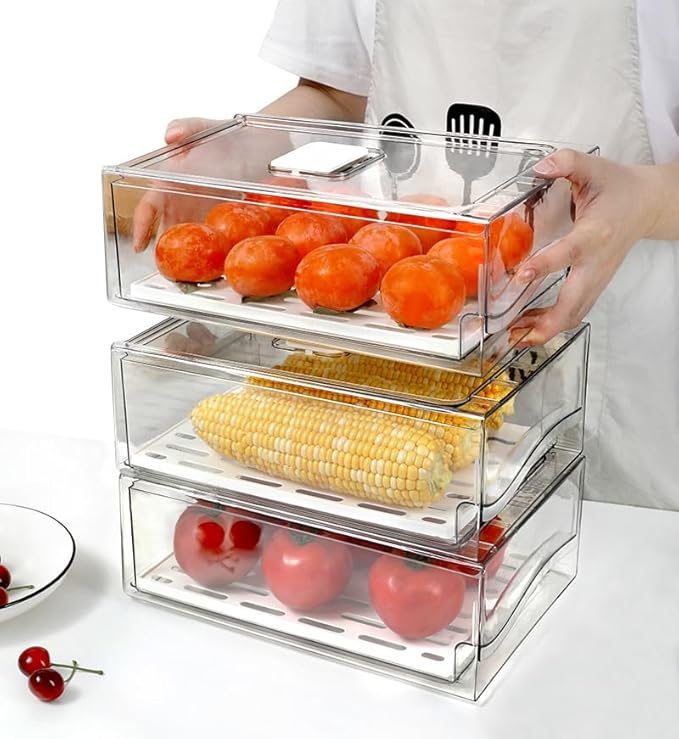 Femoliyes Refrigerator Organizers and Storage Drawer, Stackable Fruit Storage Containers for Fridge, Reusable Fridge Organizer fit for Kitchen Refrigerator and Restaurant Freezer (2 Drawers, Medium)