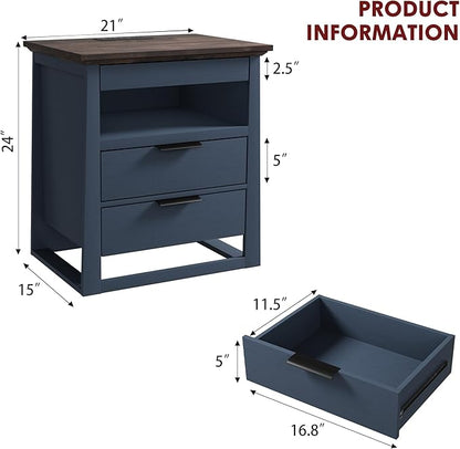 Rresyet 3 Drawer Nightstand with Charging Station & LED Lights & Open Shelf, Modern Night Stand with Storage, Wooden Bedside Table for Bedroom Room, Office (Blue)