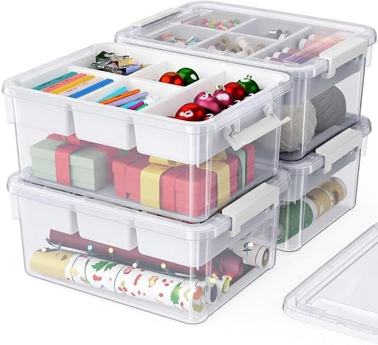 HOMETUK 80Qt Plastic Storage Bins with Lids, Clear Latching Organizers Boxes with Removable Trays, Portable Storage Containers, for Holiday Ornaments, Home Organization, 4Pack