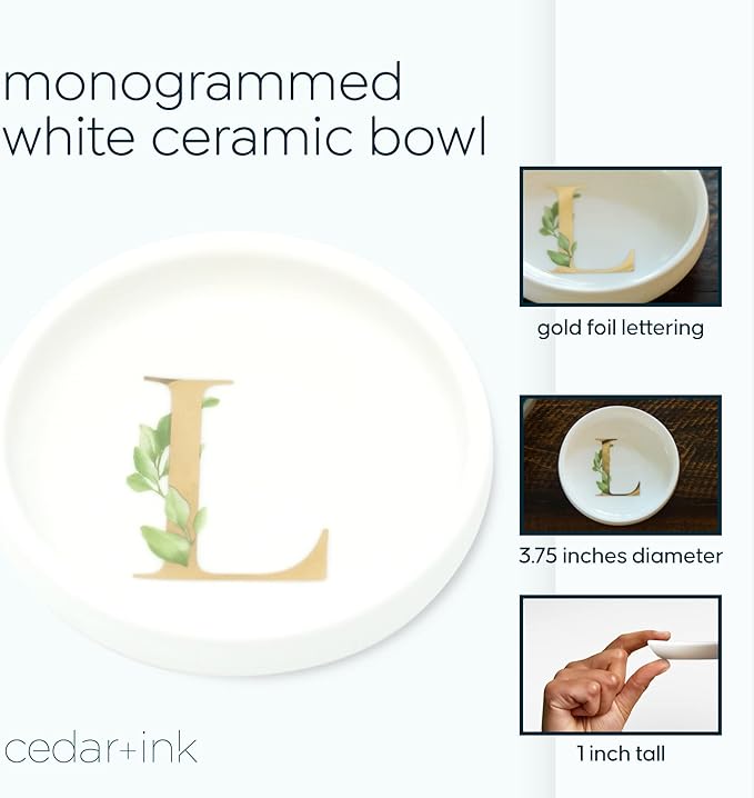 Trinket Tray Jewelry Dish with Monogrammed L in Gold Ring Holder - White Trinket Dish - Personalized Ring Dish or Jewelry Tray - Cedar & Ink (L)