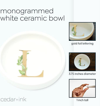 Trinket Tray Jewelry Dish with Monogrammed L in Gold Ring Holder - White Trinket Dish - Personalized Ring Dish or Jewelry Tray - Cedar & Ink (L)