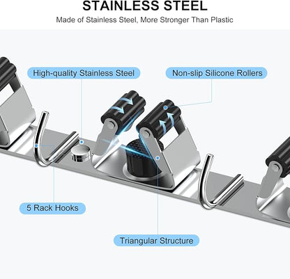 2 Pack Broom Holder Wall Mount Mop Hanger, Stainless Steel 4 Racks 5 Hooks Self Adhesive Heavy Duty Tool Organizer for Garage Kitchen Garden Laundry Room Home (Silver）