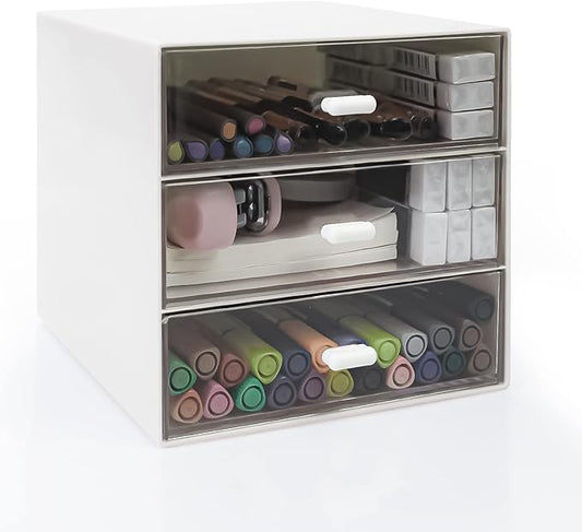 Desk Organizer with Drawer, Desk Storage Box, Plastic Office Stationery Supplies Organizers, Desktop Organizer for Office School Home (3 drawer, White)