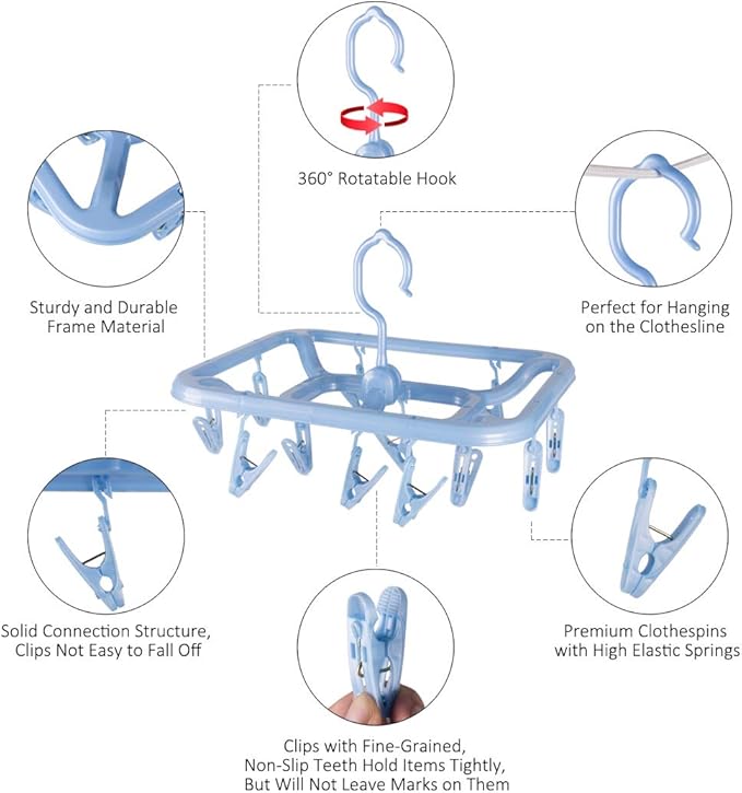 Small Clip & Drip Hanger 2-Pack, 12 Clips & 360 Rotatable Hook, Drying Hanger for Towels, Bras, Baby Clothes, Gloves, Blue