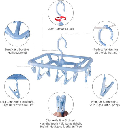 Small Clip & Drip Hanger 2-Pack, 12 Clips & 360 Rotatable Hook, Drying Hanger for Towels, Bras, Baby Clothes, Gloves, Blue