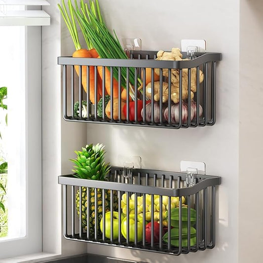 2 Pcs Fruit Basket Wire Baskets, Fruit and Veggie Storage Basket Holder for Kitchen Wall Mounted,Kitchen Organizers and Storage for Snack Onion Potato(Black)