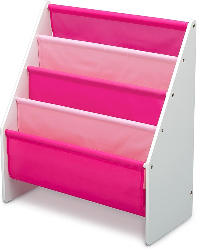 Delta Children Sling Rack Bookshelf for Kids - Easy-to-Reach Storage for Magazines or Coloring Books - Ideal for Playrooms & Homeschooling - Greenguard Gold Certified, White/Pink