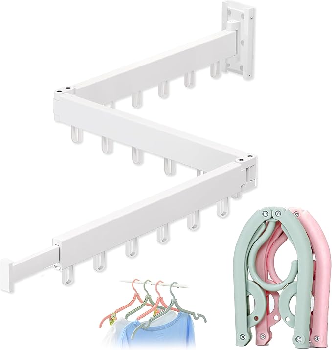 Clothes Drying Rack - Comes with Portable Travel Clothes Hanger 2X -Wall Mounted Drying Rack - Space Saving - Easy to Install - Clothes Hanging - Retractable - (Tri-Fold) (White/Beige)