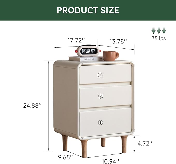 Vadisun 3-Drawers White Wood Nightstand, Mid Century Modern Nightstands, Tall Night Stand for Bedroom, Wood Bedside Tables for Dorm, Sturdy(Rubberwood, 24.88" H)