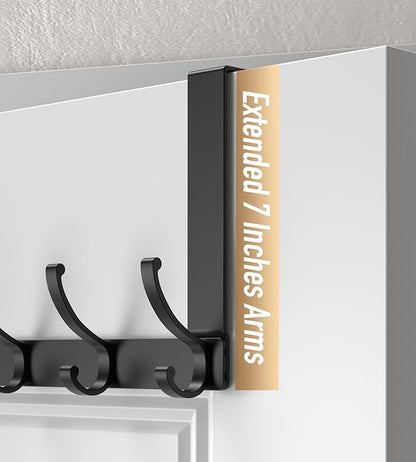 KitchLife Over The Door Hooks Hanger with 7 inches Extended Arms, Fits 1-3/8" Doors, F18U, Bathroom Towel Rack Organization, Thickened 6-Double Hook, Matte Black